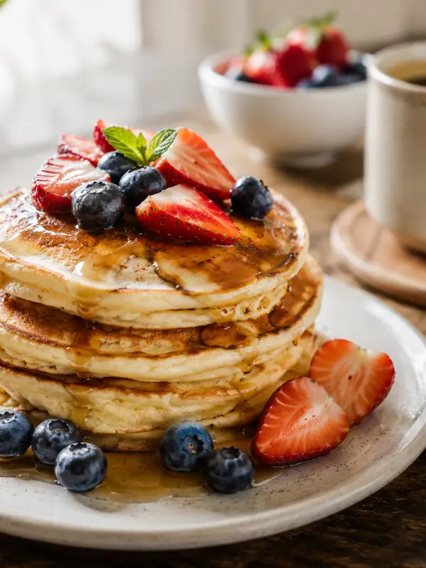 Fluffy pancakes topped with berries for the Breakfast Recipes category