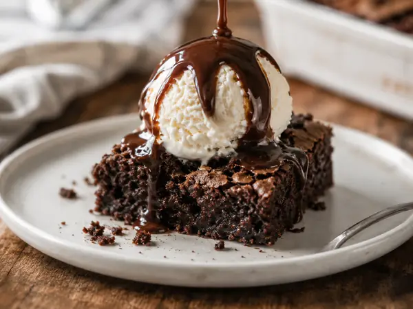 Chocolate brownie with vanilla ice cream for the Dessert Recipes category