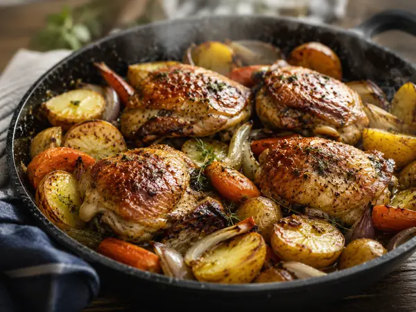 Roast chicken with potatoes and vegetables for the Dinner Recipes category
