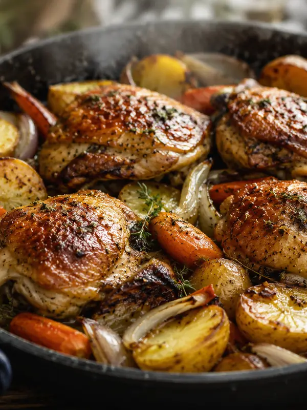 Roast chicken with potatoes and vegetables for the Dinner Recipes category