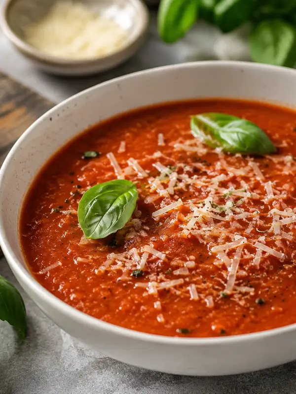 Tomato basil soup with Parmesan and basil for the Lunch Recipes category